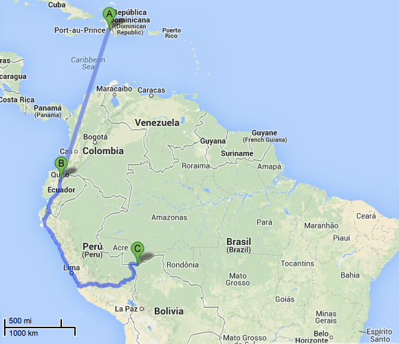Caminho percorrido pelos haitianos que chegam ao Brasil por Brasileia, no Acre (Imagem: Reprodução/Google Maps)
