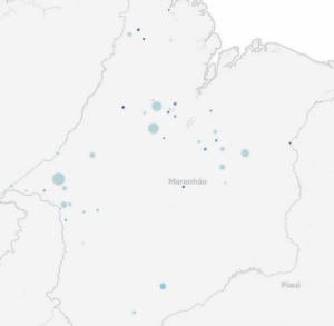Mapa de resgates realizados entre 2003 e 2012 no Maranhão, produzido pela revista Galileu com base em dados do Ministério do Trabalho e Emprego. Clique na imagem para navegar pelo mapa 