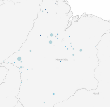 Mapa de resgates realizados entre 2003 e 2012 no Maranhão, produzido pela revista Galileu com base em dados do Ministério do Trabalho e Emprego. Clique na imagem para navegar pelo mapa 