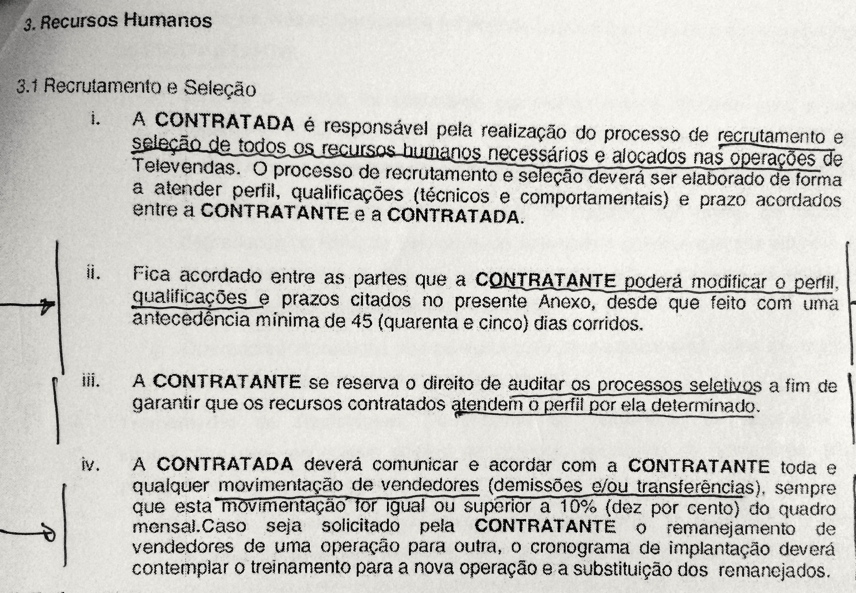 Documento da Oi para a Contax com instruções para o 'recrutamento' de trabalhadores. Foto: MTE