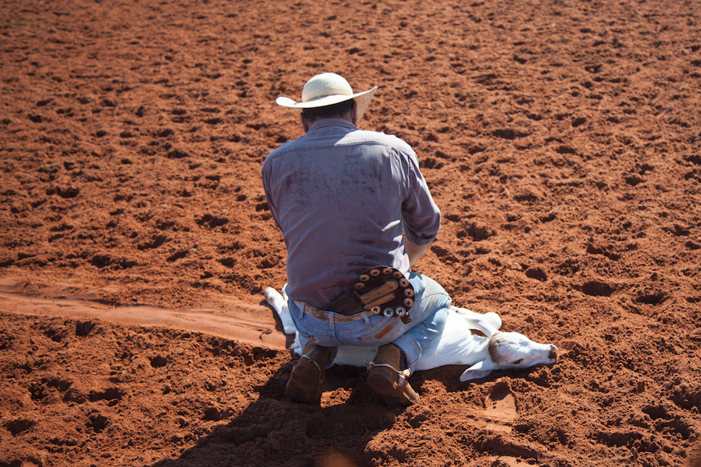 A worker forces her to the ground.