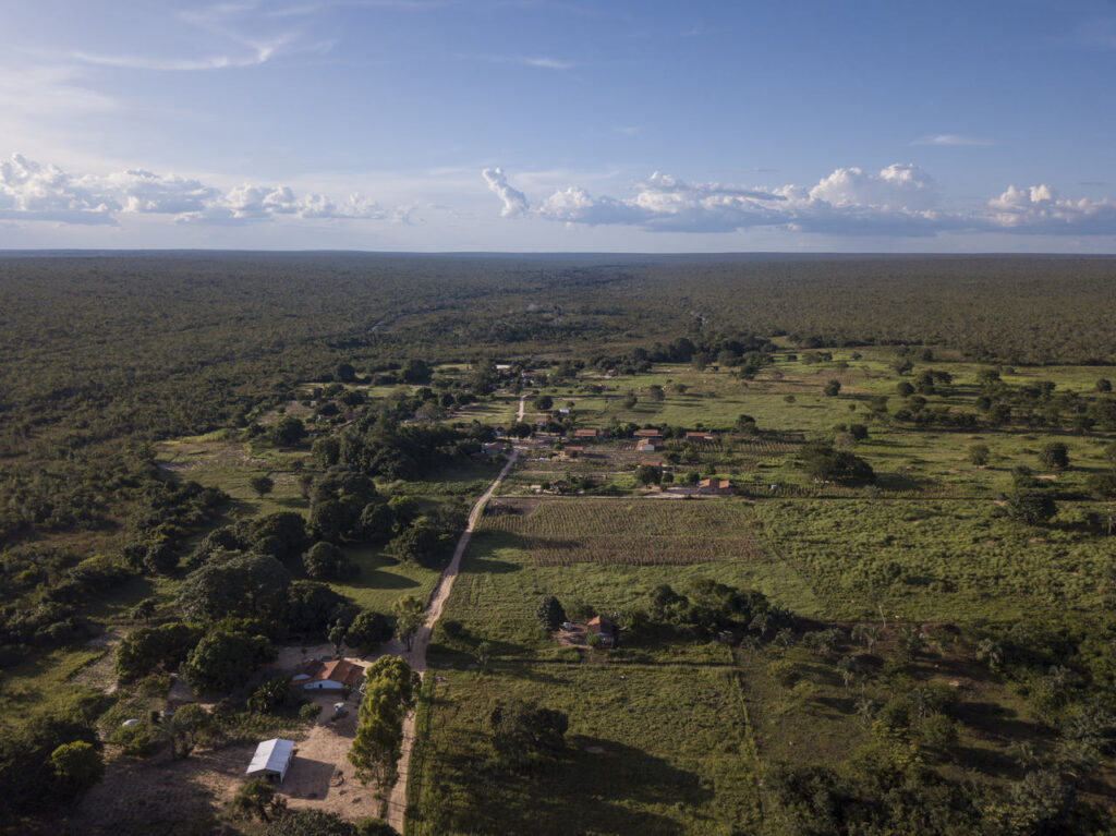 Vista aérea do Capão do Modesto; moradores afirmam que área usada como reserva legal está sobreposta ao território ocupado há gerações pela comunidade (Foto: Fernando Martinho/Repórter Brasil)