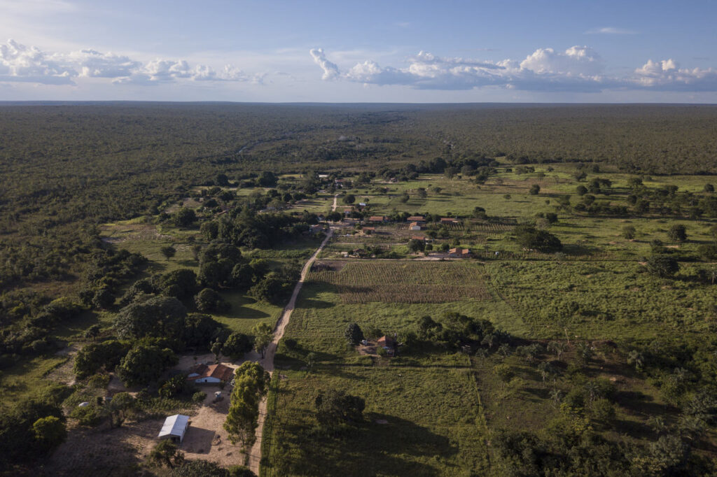 Vista aérea do Capão do Modesto; moradores afirmam que área usada como reserva legal está sobreposta ao território ocupado há gerações pela comunidade (Foto: Fernando Martinho/Repórter Brasil)
