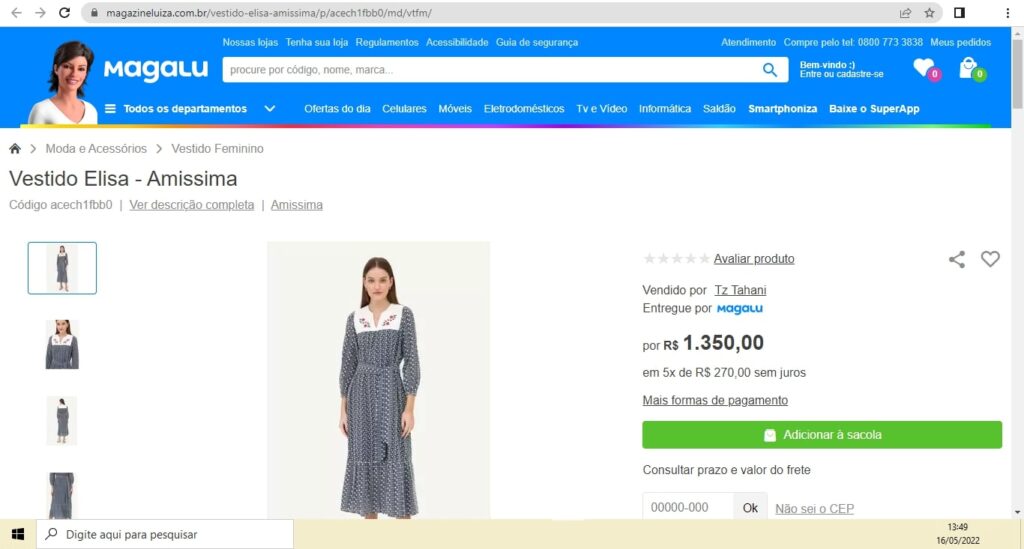 Vestido vendido a R$ 1.350 enquanto costureiro recebeu R$ 7; Amissima foi autuada por trabalho escravo em 2018. (Foto: Reprodução/Magalu)