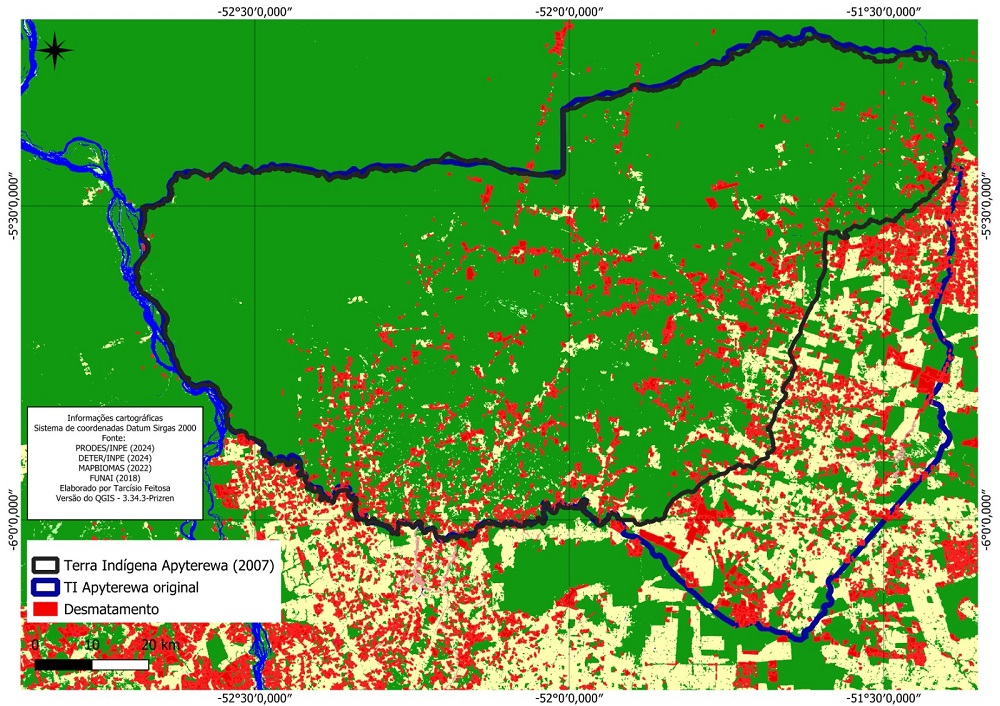 Os limites da Apyterewa estão marcados em preto. Já a destruição (em amarelo e vermelho) concentra-se nas fronteiras sul e leste do território indígena. Em azul, o limite da terra indígena original reivindicada pelo povo Parakanã (Mapa: Florestas & Finanças e Associação Indígena Tato'a)
