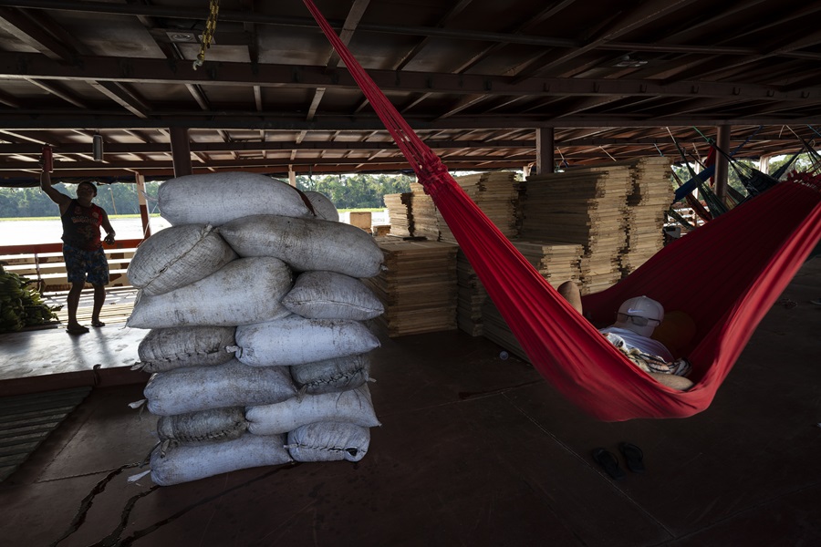 Sacas de açaí são levadas de rio até Manaus para serem comercializadas  (Foto: Fernando Martinho/Repórter Brasil)