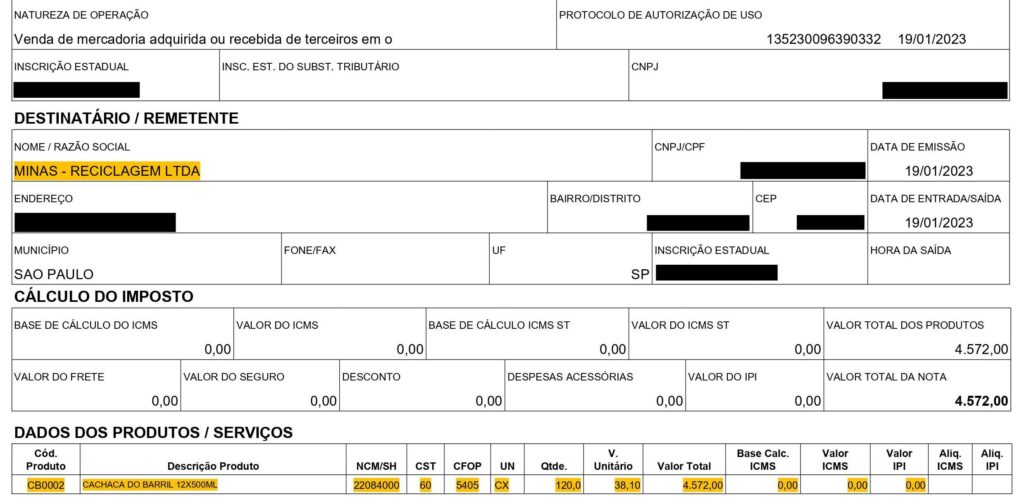 Nota fiscal mostra compra de grande quantidade de aguardente pela Minas Reciclagem; Segundo Gaeco, bebida era usada como meio de pagamento de catadores dependentes químicos (Reprodução MP-SP)