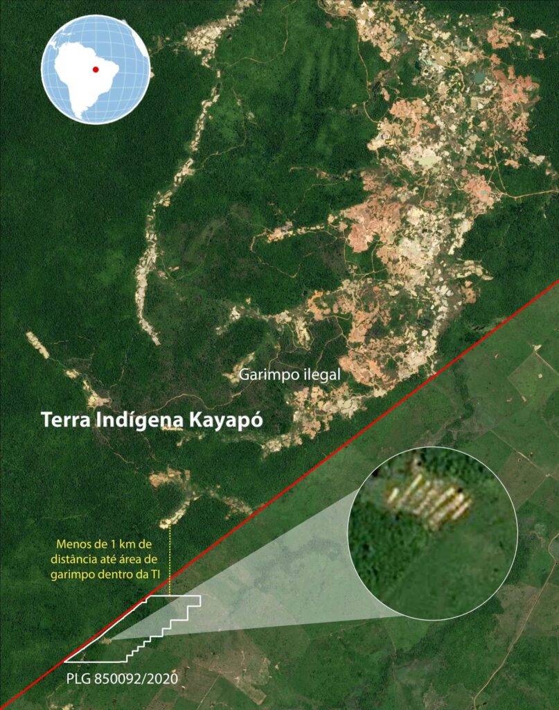 O garimpo fantasma de Pedro Lima fica no limite com a Terra Indígena Kayapó, em Cumaru do Norte (Créditos: Imagens da ©Airbus DS/Earthrise, cedidas para a Repórter Brasil)