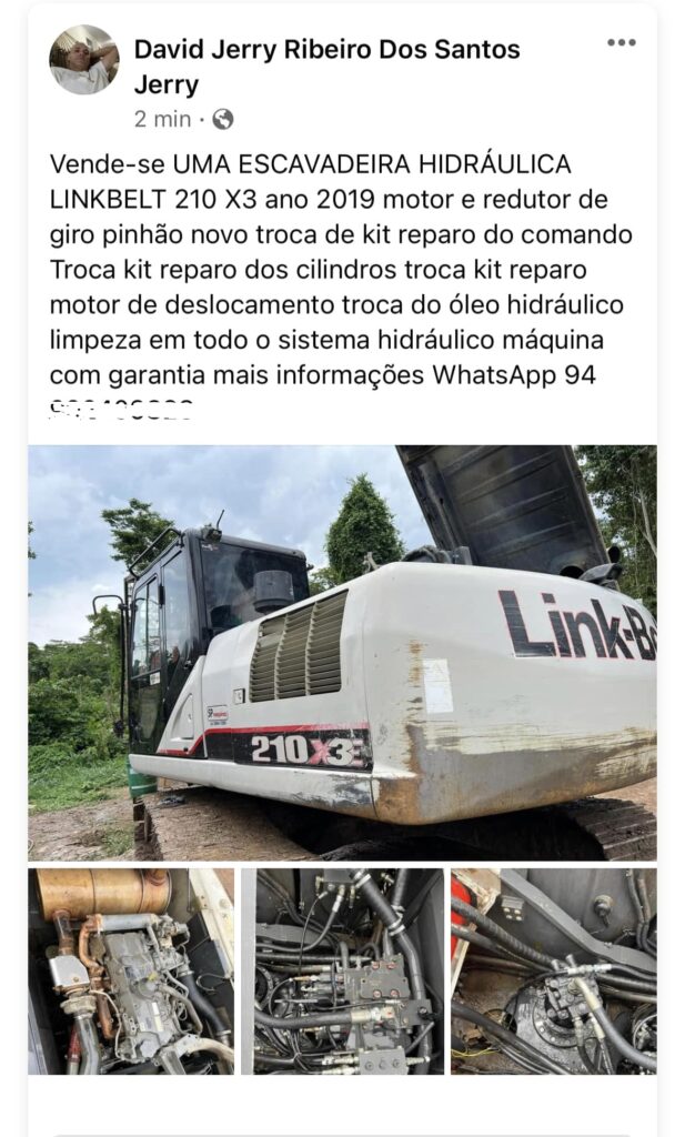 Em rede social, PM David Jerry dos Santos anunciou venda de escavadeira hidráulica, máquina usada em garimpos ilegais (Foto: Reprodução/Facebook)