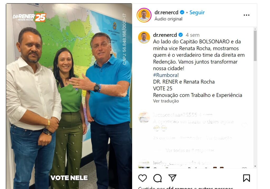 O ex-presidente Jair Bolsoanro (PL) gravou vídeo ao lado de Dr. Rener (à esquerda) e de sua candidata a vice, Renata Rocha. A coligação é formada por PRD, PL, Novo, Podemos, PSD e Avante (Foto: Reprodução/Instagram)