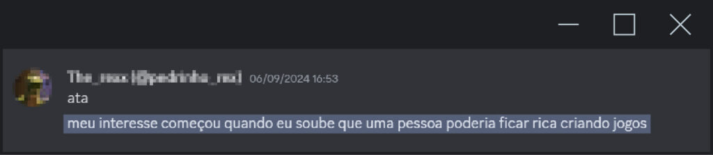 Comentário de adolescente no app Discord a respeito das oportunidades na Roblox (Imagem: Reprodução/Arte Rodrigo Bento)