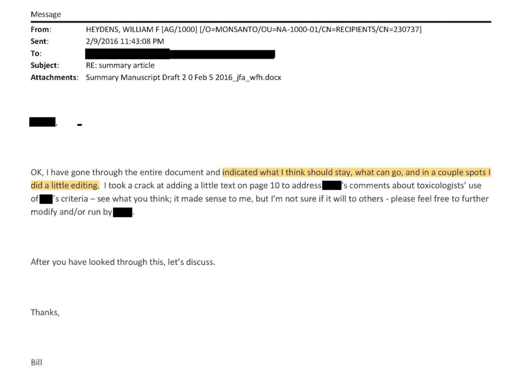 Em e-mail, executivo da Monsanto sugere modificações em artigo que teve o professor Camargo como um dos autores. A referência ao artigo consta da troca de mensagens (Reprodução: Monsanto Papers)