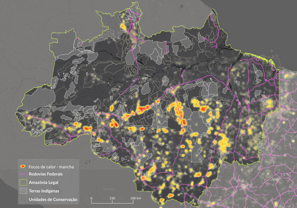 Estudo do ISA mostra os focos de calor (em amarelo e vermelho) na Amazônia Legal entre janeiro e 11 de setembro de 2024. Mais de 30% dos focos estão próximos a rodovias federais (Fonte: ISA/MapBiomas - Monitor do Fogo)