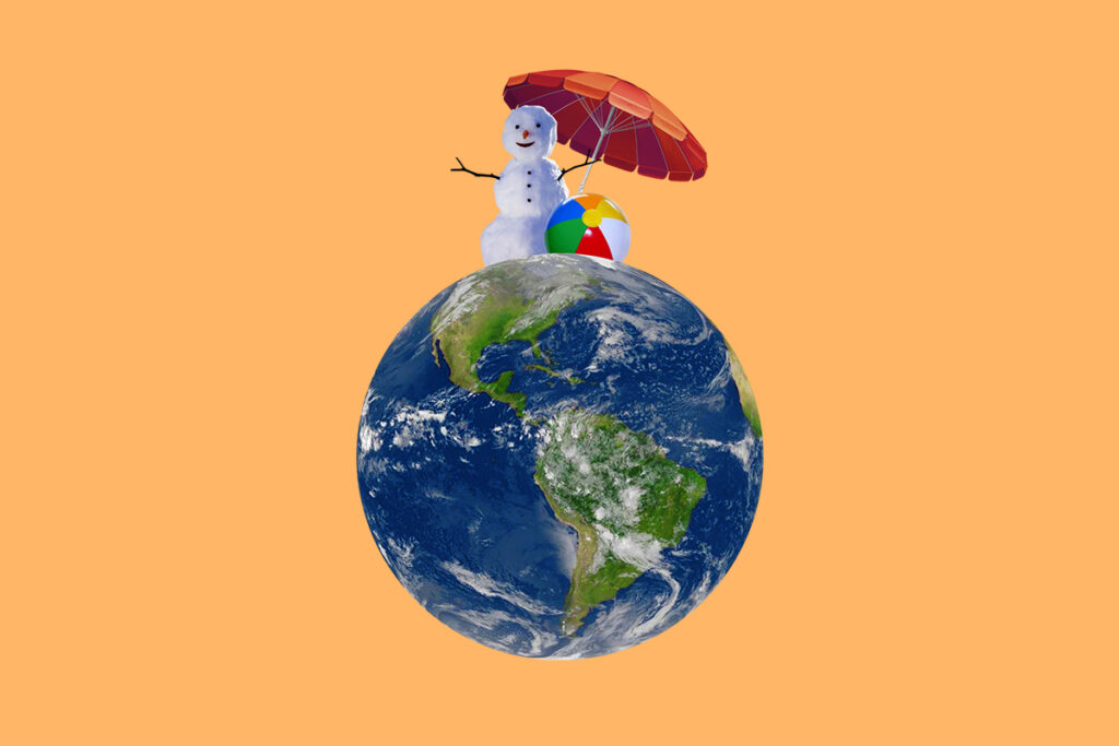 A mudança climática, ou crise climática, são alterações de longa duração nos padrões de temperatura e clima da Terra (Ilustração: Rodrigo Bento/Repórter Brasil)