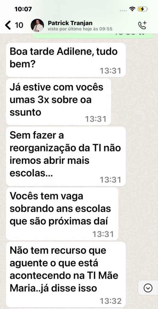 Mensagem enviada pelo secretário-ajunto Patrick Tranjan para a cacica Adilene (Foto: Reprodução)