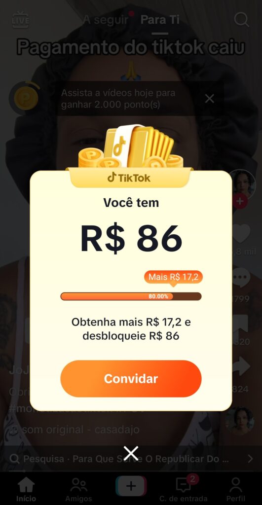 No TikTok, dez minutos assistindo a vídeos são recompensados com 2.600 pontos, o equivalente a R$ 0,26 (Reprodução: TikTok)