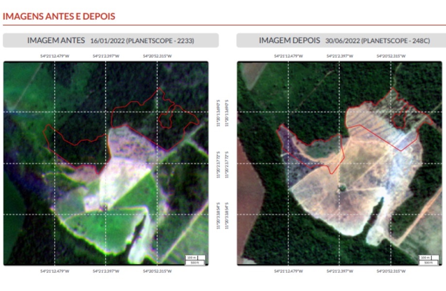 O MAP Biomas registrou o alerta de desmatamento na área, conforme contorno em vermelho (Imagem: Map Biomas)