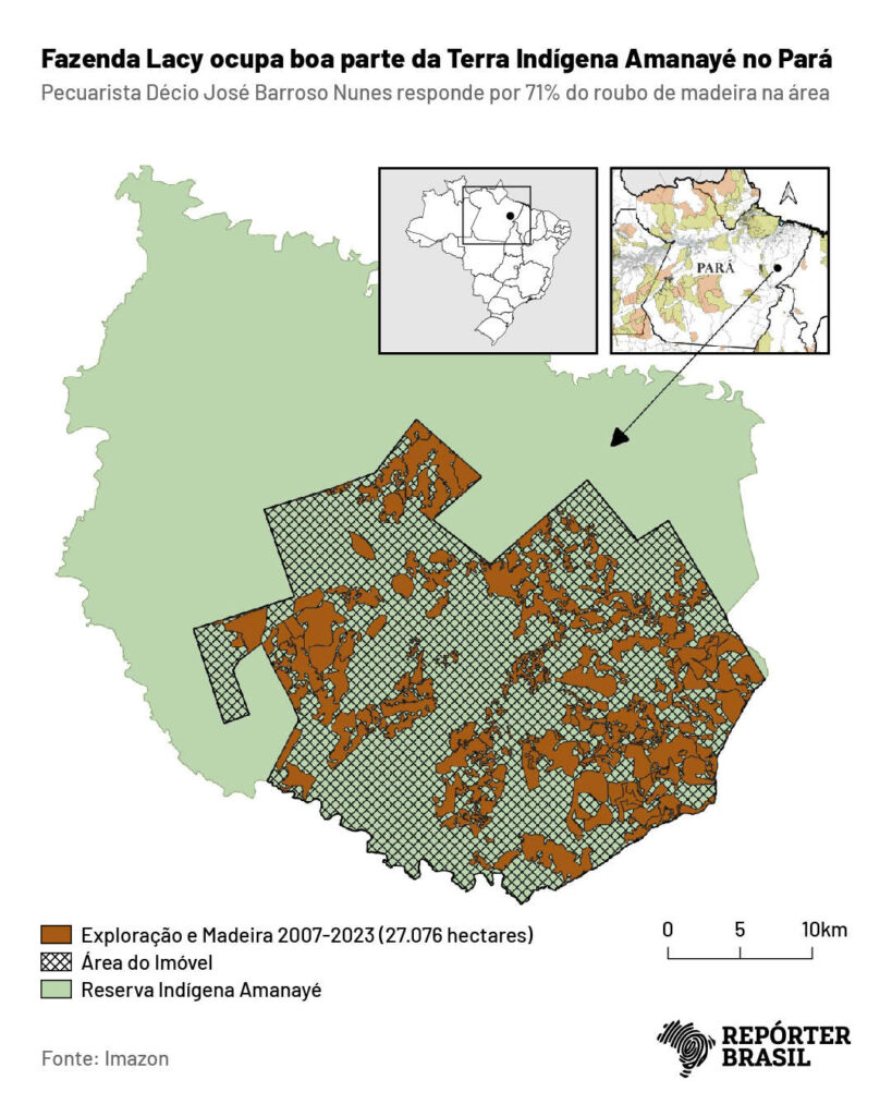 Mapa produzido pelo Imazon mostra como a Fazenda Lacy, de Décio José Barroso Nunes, ocupa boa parte da TI Amanayé