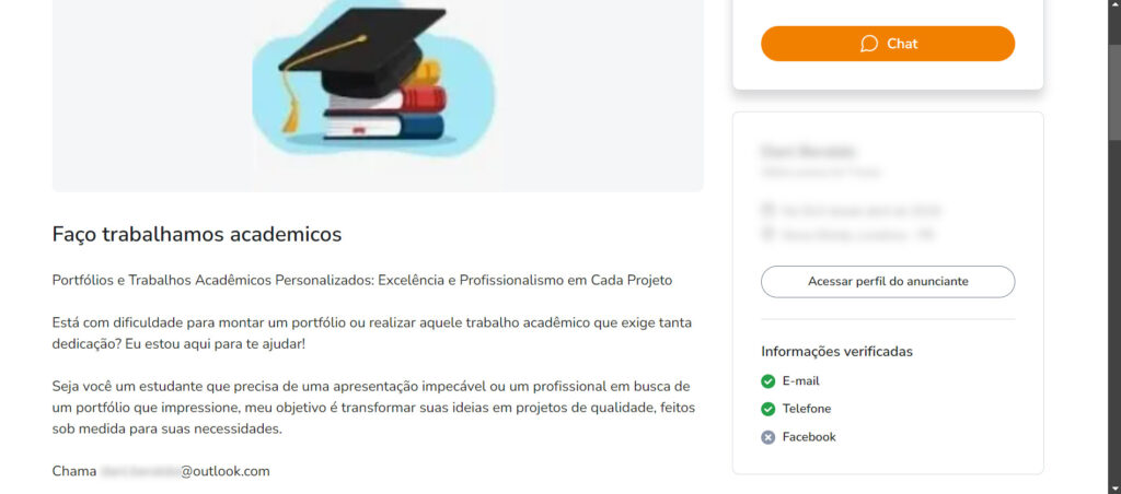 Em nota, OLX diz que anúncios de venda de trabalhos acadêmicos na plataforma são proibidos (Imagem: Reprodução / OLX)