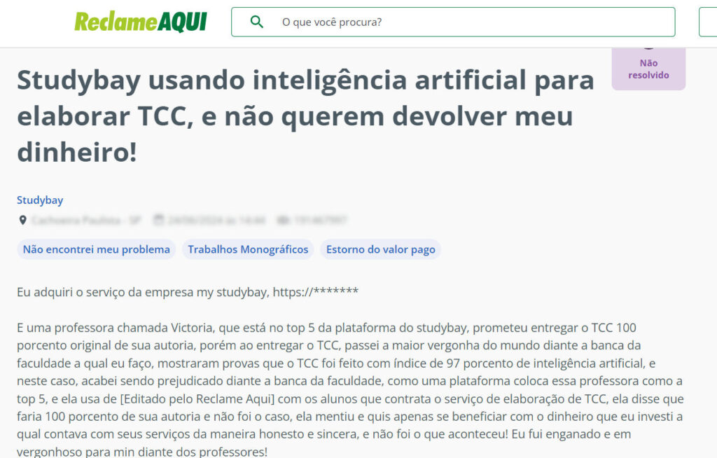 Cliente da plataforma StudyBay reclama do uso de inteligência artificial na redação de trabalho de conclusão de curso (Imagem: Reprodução / Reclame Aqui)