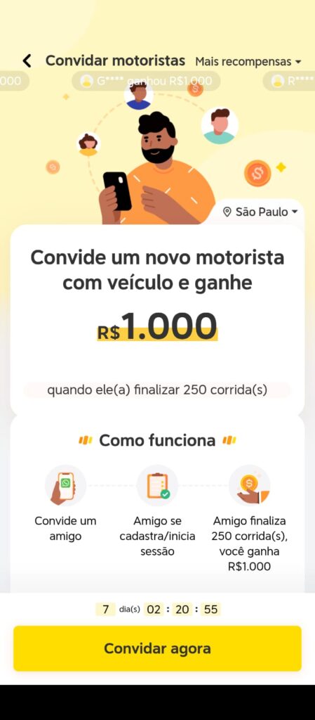 99 dispara mensagens a condutores para recrutamento de novos condutores (Imagem: Reprodução/99)