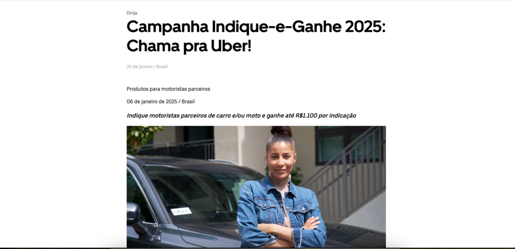 Uber oferece até R$ 1.100 por indicação de condutores para a plataforma (Imagem: Reprodução/Uber)