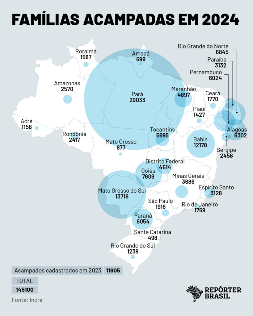 Famílias acampadas à espera de um lote de terra para cultivar. O número foi levantado pelo Instituto Nacional de Colonização e Reforma Agrária (Incra) e obtido pela Repórter Brasil por meio da Lei de Acesso à Informação (LAI). (Mapa: Repórter Brasil/Rodrigo Bento)