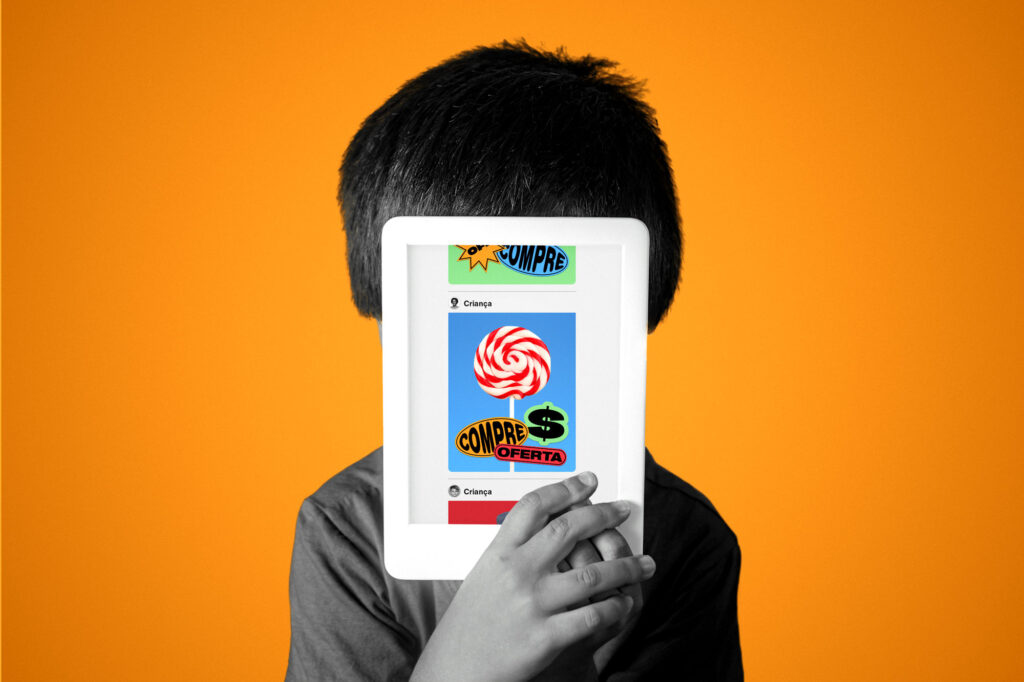 Como Big Techs lidam (ou não) com a publicidade infantil de influencers mirins (Arte: Rodrigo Bento / Repórter Brasil)