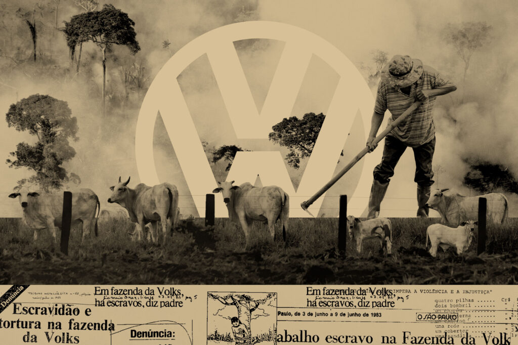 As primeiras denúncias de escravidão na antiga fazenda da Volkswagen tiveram inicio em 1983. Só agora a montadora de origem alemã encara o passado na Justiça (Ilustração: Rodrigo Bento/Repórter Brasil)