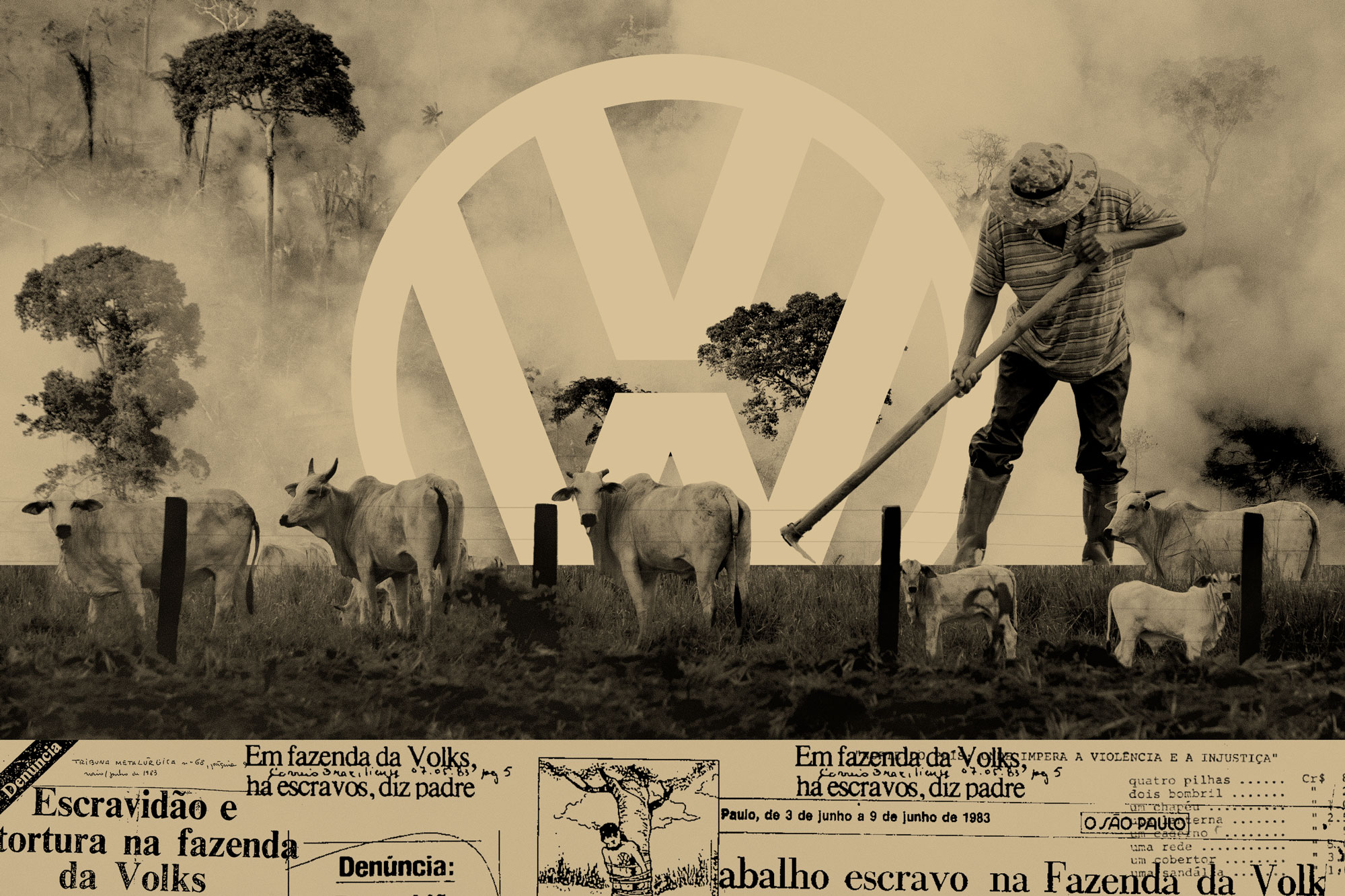 As primeiras denúncias de escravidão na antiga fazenda da Volkswagen tiveram inicio em 1983. Só agora a montadora de origem alemã encara o passado na Justiça (Ilustração: Rodrigo Bento/Repórter Brasil)
