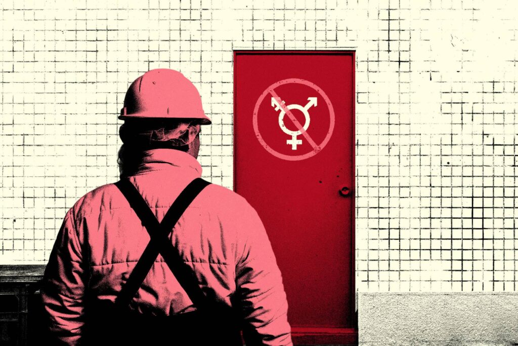 Estudo da instituição To.gather aponta que, em 2024, entre 1,5 milhão de trabalhadores de 289 empresas, apenas 0,9% eram pessoas trans ou travestis (Ilustração: Rodrigo Bento/Repórter Brasil)