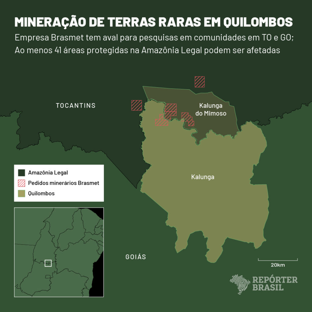 Cruzamento de dados mostra seis requerimentos minerários da empresa Brasmet sobrepostos ou a menos de 10 km dos quilombos Kalunga do Mimoso, Tocantins, e Kalunga, Goiás (Ilustração: Rodrigo Bento/Repórter Brasil)