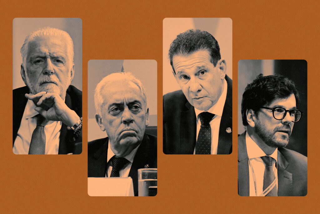 Os senadores Jaques Wagner (PT/BA), Otto Alencar (PSD/BA) e Vanderlan Cardoso (PSD/GO), e André Passos Cordeiro, presidente da Associação Brasileira da Indústria Química (Arte: Rodrigo Bento/Repórter Brasil. Fotos: Agência Senado)