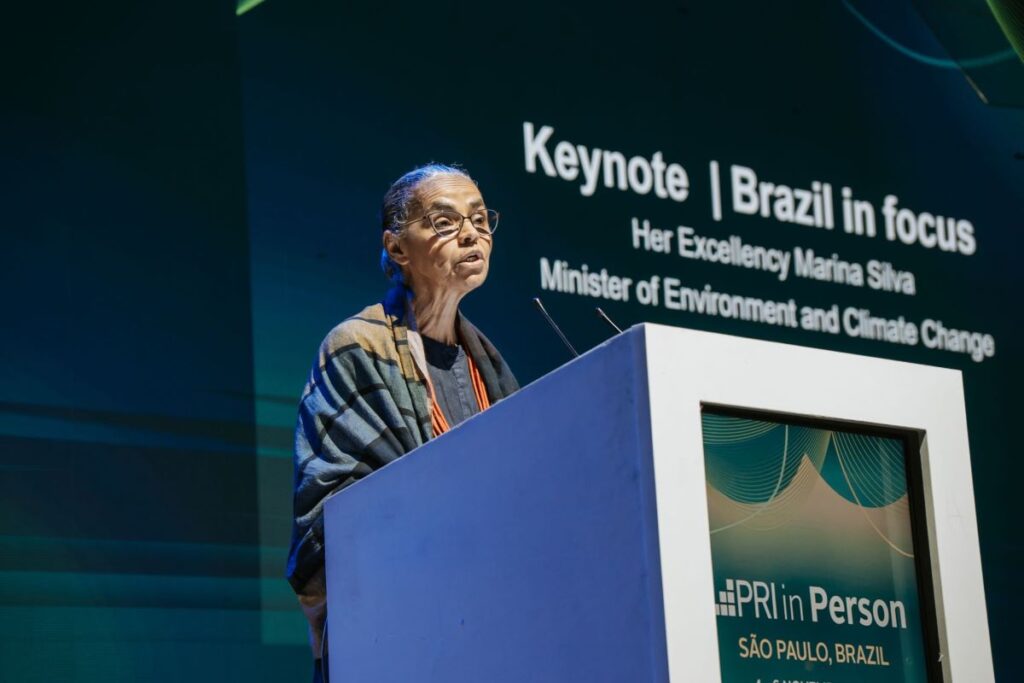 "O capital financeiro global deve se alinhar com o desenvolvimento sustentável", disse a ministra Marina Silva na conferência sobre investimento responsável em São Paulo. Foto: PRI in Person/Divulgação