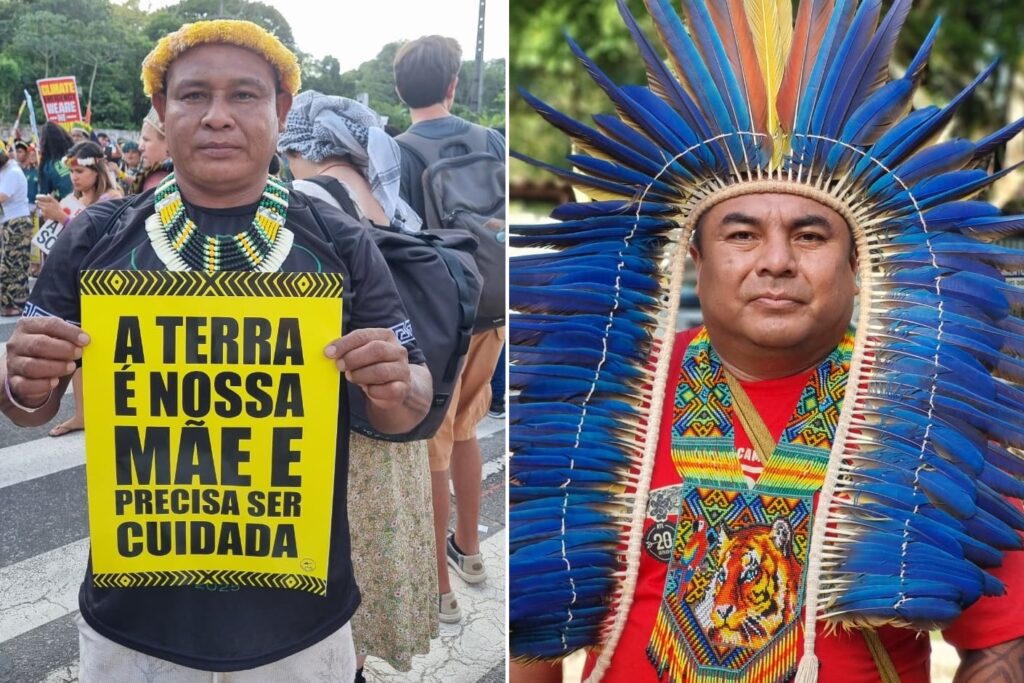 Braulio (à esq.) e Voninho, lideranças Guarani Kaiowá, lamentam morte de líder indígena em Iguatemi, assassinado com um tiro na cabeça em uma retomada dentro da Terra Indígena Iguatemipeguá I, cujo processo de demarcação não está concluído (Foto: Isabel Harari/Repórter Brasil)