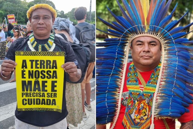 Braulio (à esq.) e Voninho, lideranças Guarani Kaiowá, lamentam morte de líder indígena em Iguatemi, assassinado com um tiro na cabeça em uma retomada dentro da Terra Indígena Iguatemipeguá I, cujo processo de demarcação não está concluído (Foto: Isabel Harari/Repórter Brasil)