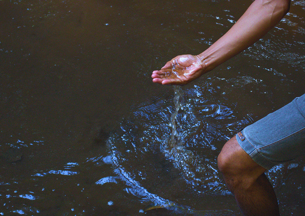 Líder indígena Munduruku mostra igarapé próximo à aldeia Açaizal, em Santarém, onde estudos apontaram contaminação de rios por agrotóxicos agrícolas (Foto: José Marcos Tapajós/Tapajós de Fato)