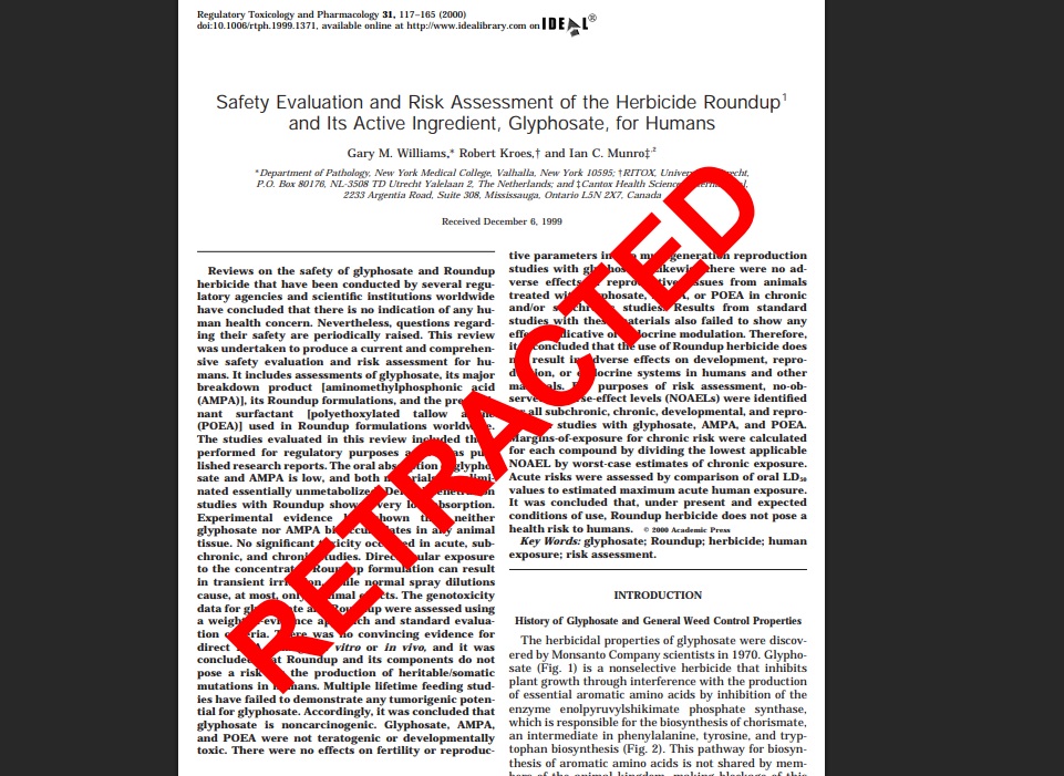 Artigo publicado no ano 2000 e que era usado para sustentar a segurança do glifosato agora aparece com a mensagem "Retracted" (Foto: Reprodução)