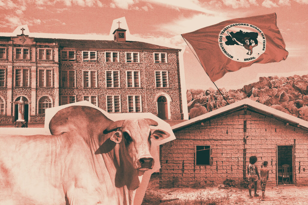 Ministério Público da Bahia investiga, por supostas irregularidades contábeis, um mosteiro católico do interior do estado em conflito com sem-terra e quilombolas(Arte: Rodrigo Bento/Repórter Brasil)