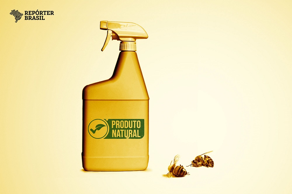 Os biopesticidas são feitos a partir de substâncias naturais e por isso são considerados menos nocivos, mas estudos mostram que eles podem reduzir o tempo médio de vida das abelhas, insetos polinizadores fundamentais para segurança alimentar (Ilustração: Rodrigo Bento/Repórter Brasil)