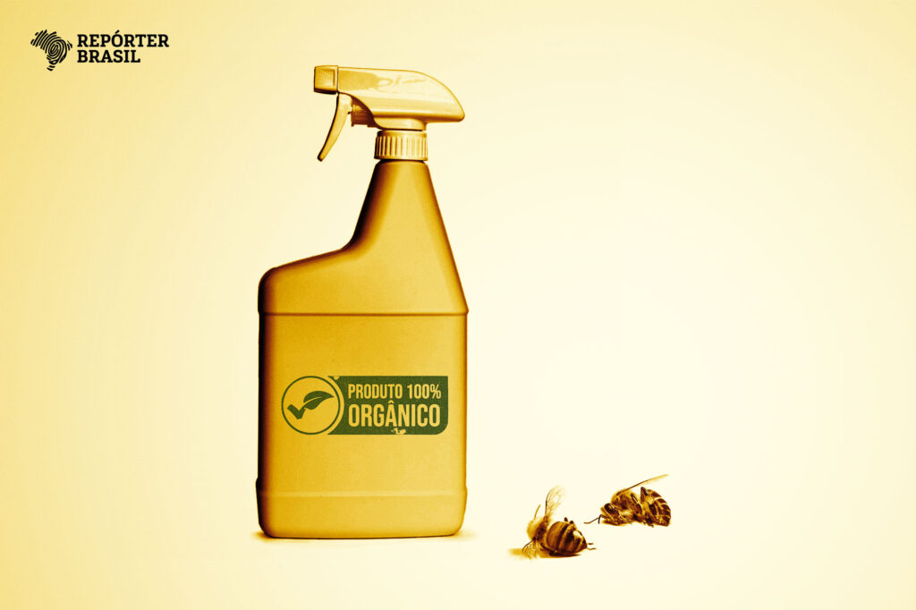 Os biopesticidas são feitos a partir de substâncias naturais e por isso são considerados menos nocivos, mas estudos mostram que eles podem reduzir o tempo médio de vida das abelhas, insetos polinizadores fundamentais para segurança alimentar (Ilustração: Rodrigo Bento/Repórter Brasil)