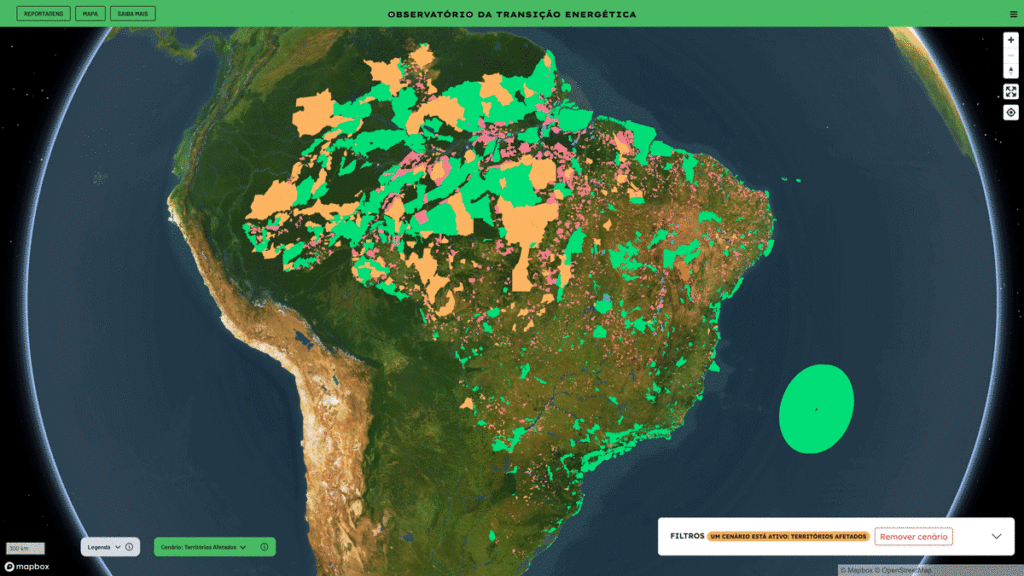Na imagem, todos os territórios afetados por empreendimentos relacionados à transição energética. (Observatório da Transição Energética/Repórter Brasil)