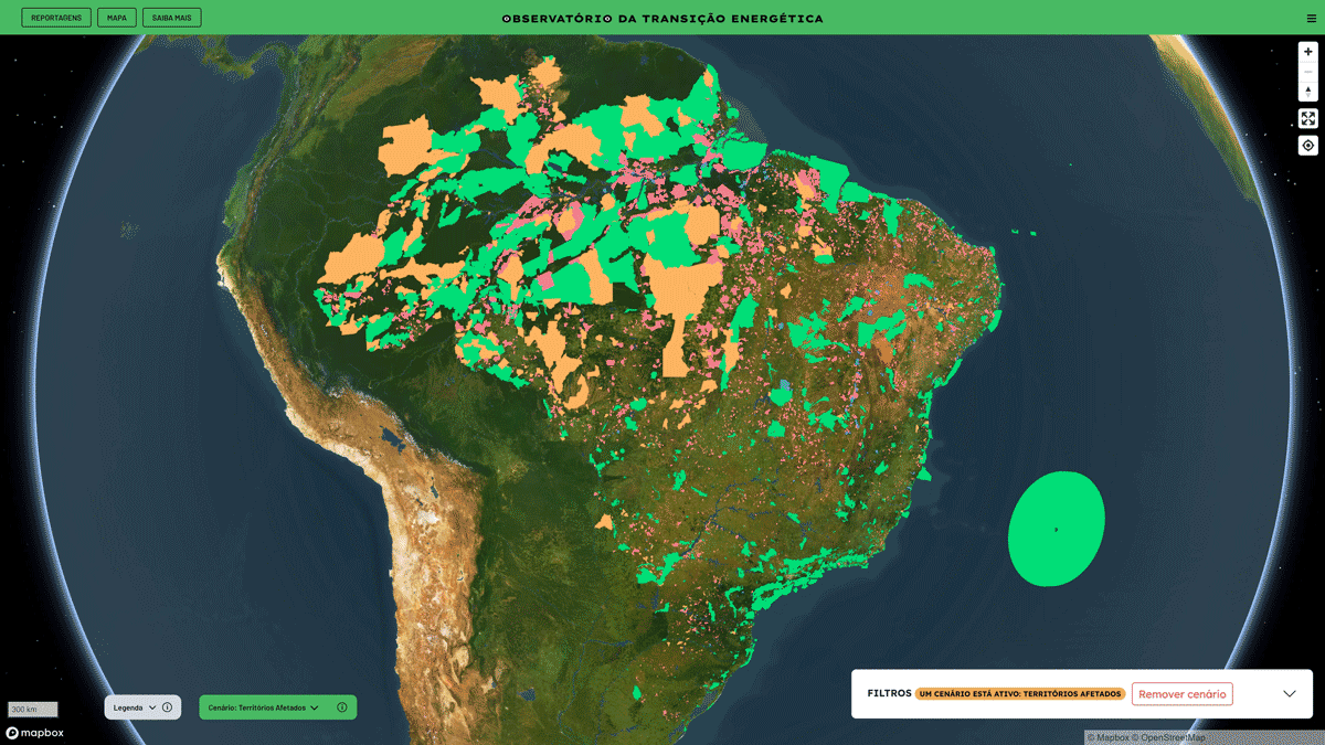 Na imagem, todos os territórios afetados por empreendimentos relacionados à transição energética. (Observatório da Transição Energética/Repórter Brasil)