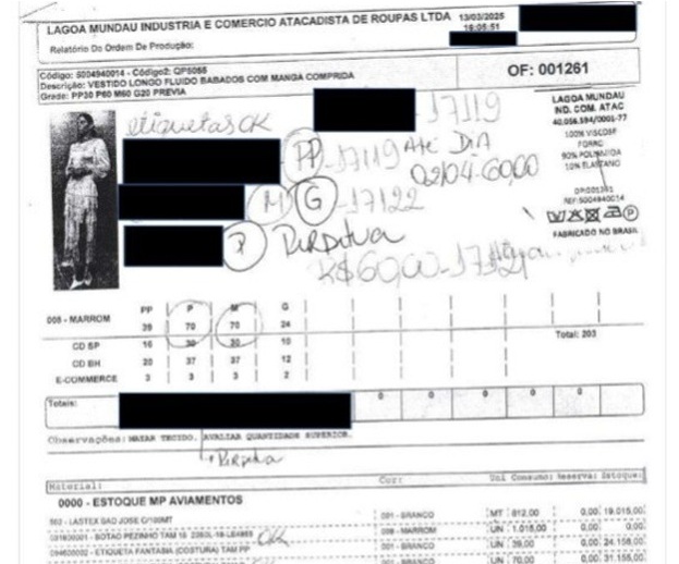 Ficha técnica e remessa de pedidos encontradas nas oficinas de costura pelos auditores (Fotos: Ministério do Trabalho e Emprego)