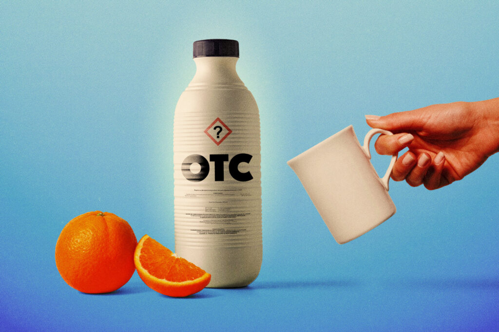 Aposta para o combate à principal praga dos laranjais, o antibiótico OTC só tem uso autorizado no Brasil para medicina veterinária (Arte: Rodrigo Bento / Repórter Brasil)