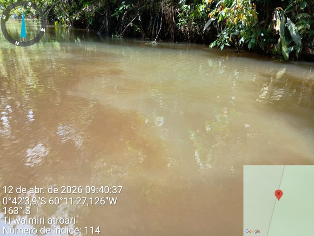 Os kinja percorreram o igarapé Tiaraju até o limite da terra indígena, perto do complexo minerário. No dia 12 de abril, uma semana após os primeiros sinais de poluição, a água ainda estava barrenta (Foto: Divulgação/ACWA)
