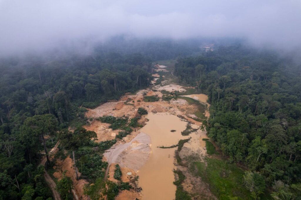 Aerial view of a gold mining area in the municipality of Itaituba, in southwestern Pará, in the Brazilian Amazon (Photo: Fernando Martinho/Repórter Brasil)