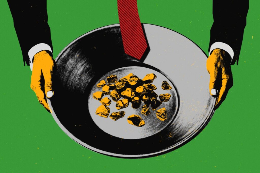 Após cruzar dados sobre vendedores de ouro apreendido no Aeroporto de Guarulhos, a Receita concluiu que fornecedores que atuavam sob o regime garimpeiro eram, na realidade, “verdadeiros empresários mineradores” (Ilustração: Rodrigo Bento/Repórter Brasil)