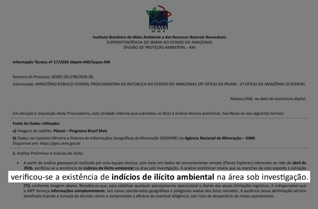 Ofício do Ibama enviado ao MPF-AM em 19/05/2025 no âmbito do inquérito civil que investiga a potencial contaminação da Terra Indígena Waimiri Atroari, no Amazonas, pela Mineração Taboca.