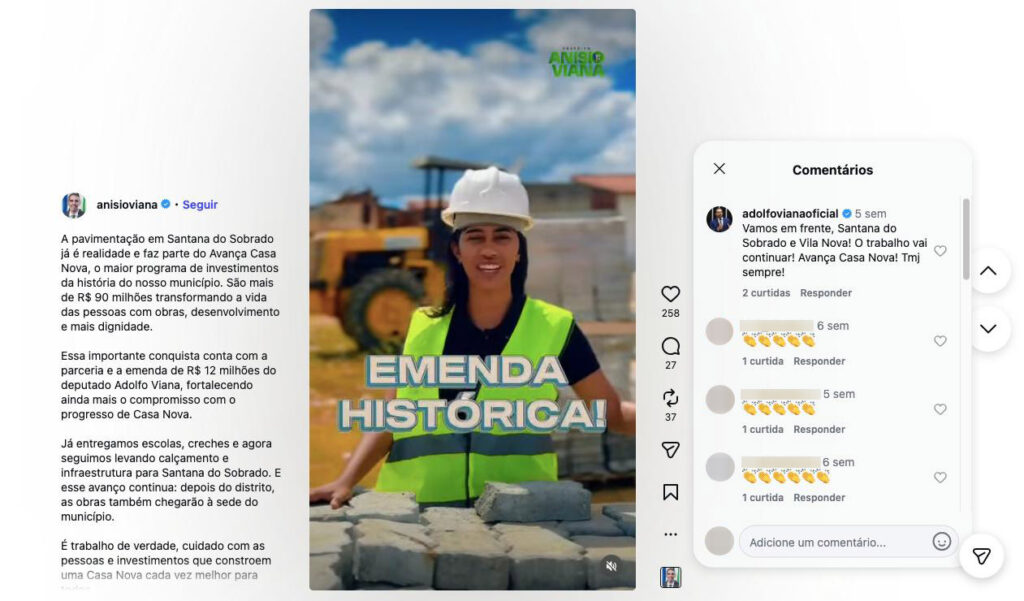 Post do prefeito de Casa Nova anuncia emenda de R$ 12 milhões do deputado federal Adolfo Viana (PSDB) para obra de calçamento flagrada com trabalho escravo (Foto: Reprodução/Instagram)